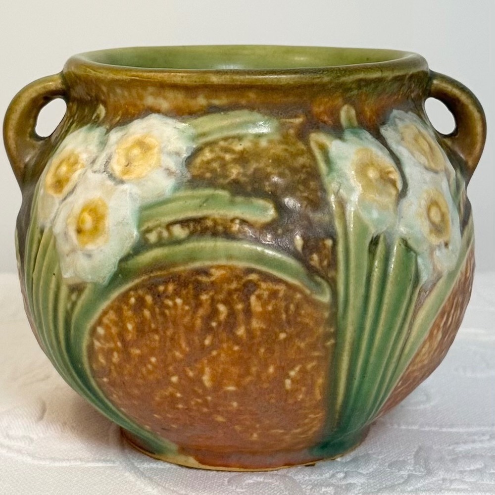 Antique 1930s Roseville Pottery Jonquil Jardiniere Squat Vase Double Handled